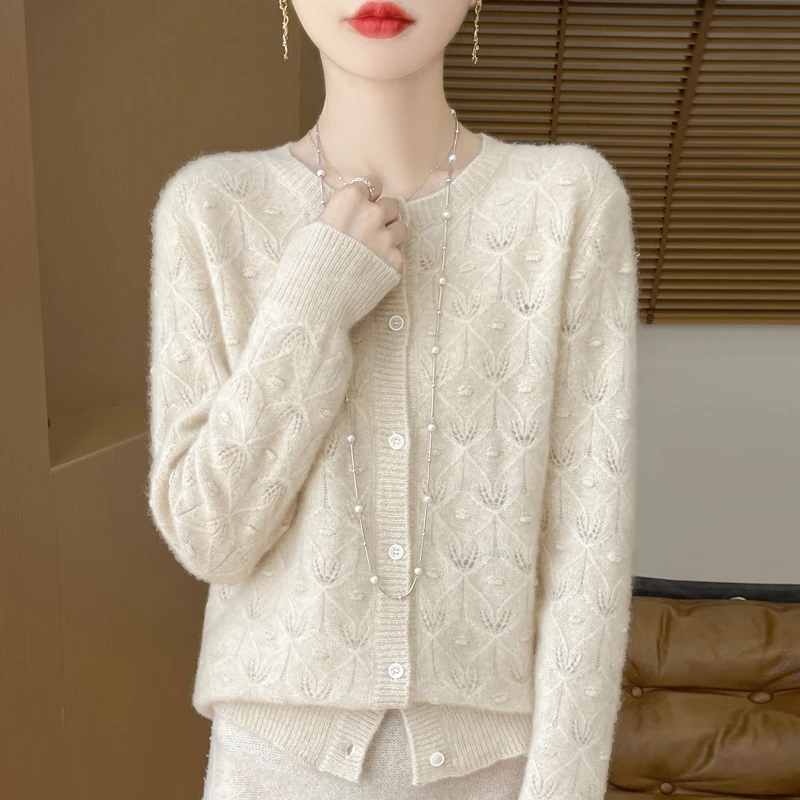 2024 Autumn And Winter New Round Neck Hollowed Out 100 Wool Knitted Cardigan Women\'s Versatile Coat Loose Casual Sweater DMR281