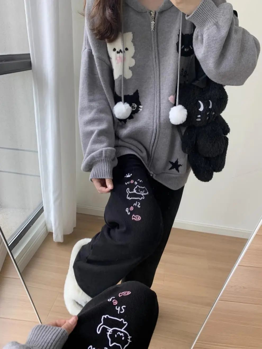 أسود انمي ياباني لطيف القط المطرزة سراويل تقليدية الطالبات فضفاض اللف السراويل في الخريف والشتاء 2025 لطيف حار