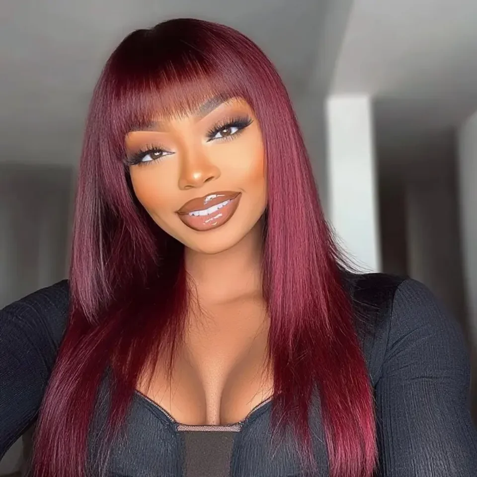 Wine Red 99j Straight Hair Wig With Bangs Long Silky Human Hair Wig For Women Natural Looking Daily/Cosplay Wig 180% Density