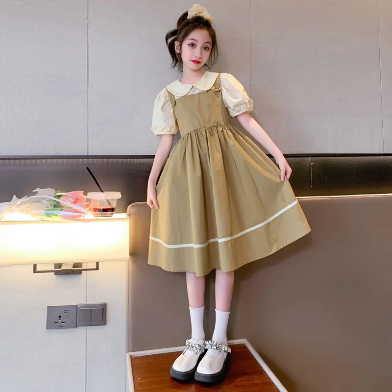 

ZOETOP Korean Summer Junior Girl One-piece Dress Children Girl Bubble Sleeve Peter Pan Collar Princess Dress Girls Sweet Dress