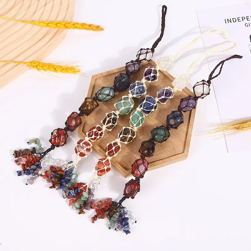 

Seven-color chakra natural crystal stone car pendant 7 Chakra Tumbled Gemstone Tassel Hanging Ornament Stones Car Decor