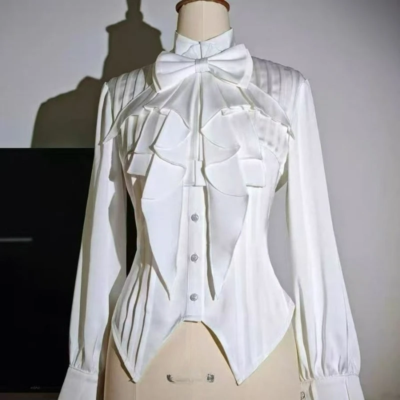 

Викторианская готическая винтажная блузка в придворном стиле для женщин, классическая, с длинным рукавом, оборками, бантом, приталенная, в стиле Y2K, повседневный топ