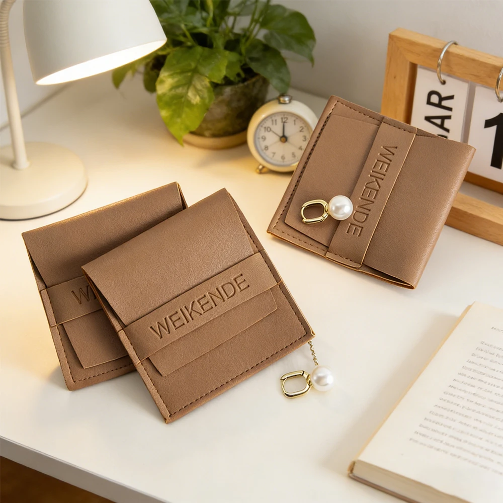 

50Pack 6.2x6.2cm Bulk Custom Logo Small Coffee PU Leather Jewelry Pouch Bag Wedding Gift Packaging for Earrings Ring Cosmetic