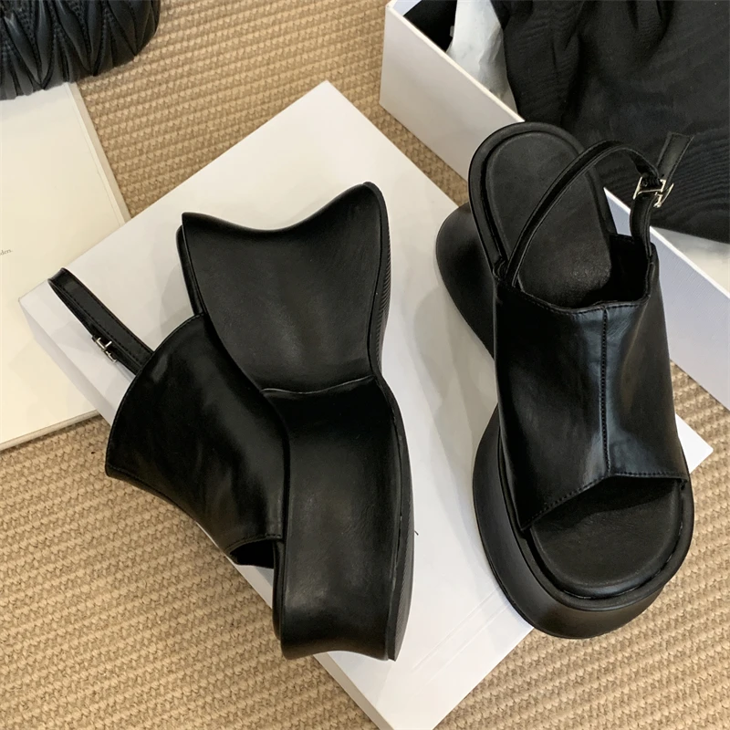 

Aneikeh Fashion Design Buckle Strap Square Toe Platform Wedges Thick Bottom Women Sandals High Heels Party Summer Mules Shoes