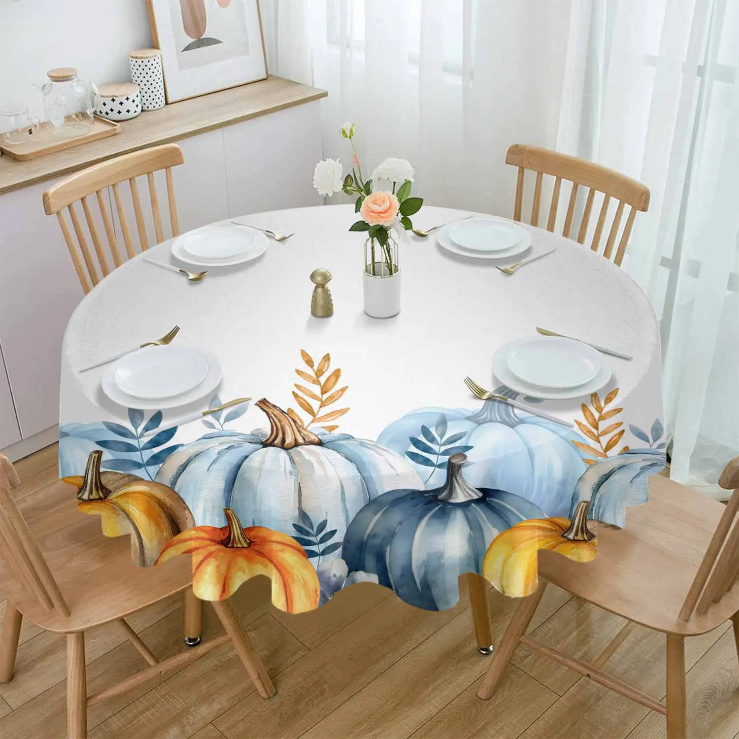 Autumn Plant Leaves Pumpkin Waterproof Tablecloth Tea Table Decoration Round Table Cover For Kitchen Wedding Home