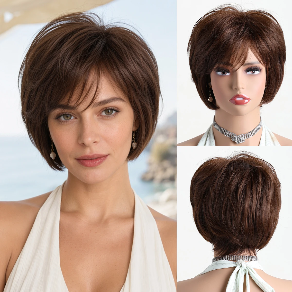 Layered Pixie Wigs for White Women Mix Brown Short Straight Wig with Cute Bangs Natural Looking Synthetic Fluffy Wig