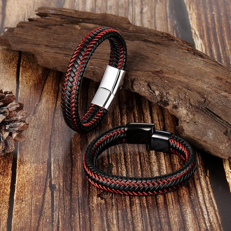 Leather Cord Bracelet Stainless Steel Leather Braided Bracelet Genuine Leather Bracelet Red Bracelet Men'S Cowhide Jewelry