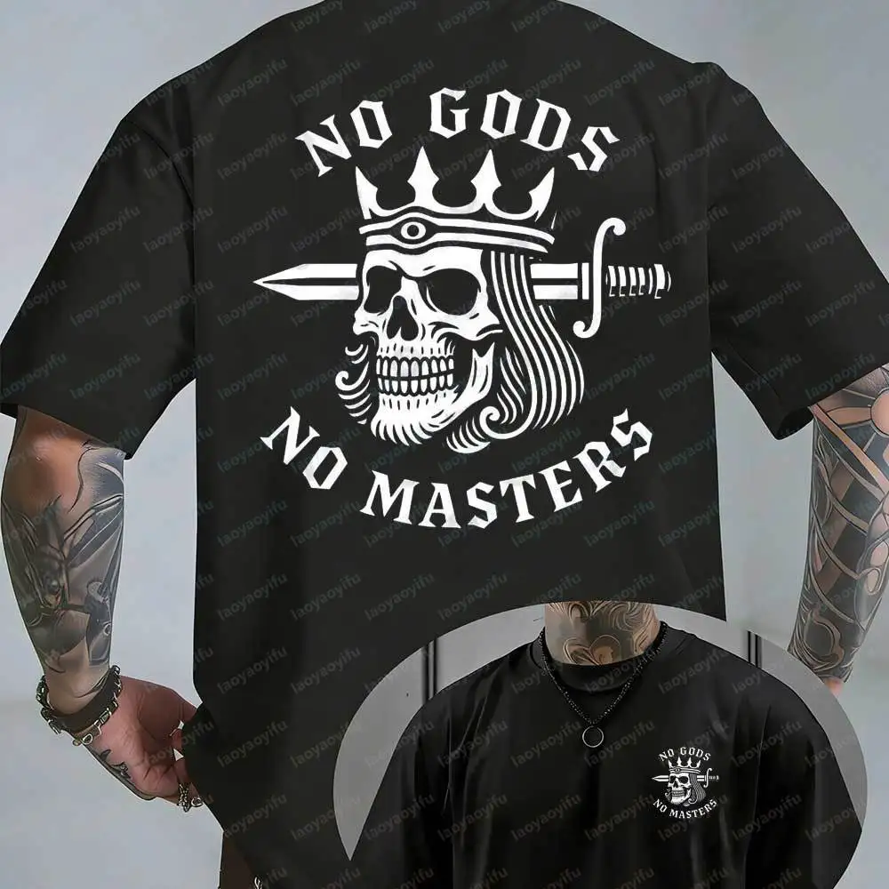 Men's Gothic Punk Graphic T-Shirt No Gods No Masters Skull Crown Print Oversized Streetwear Short Sleeve Casual Cotton Tops Tee