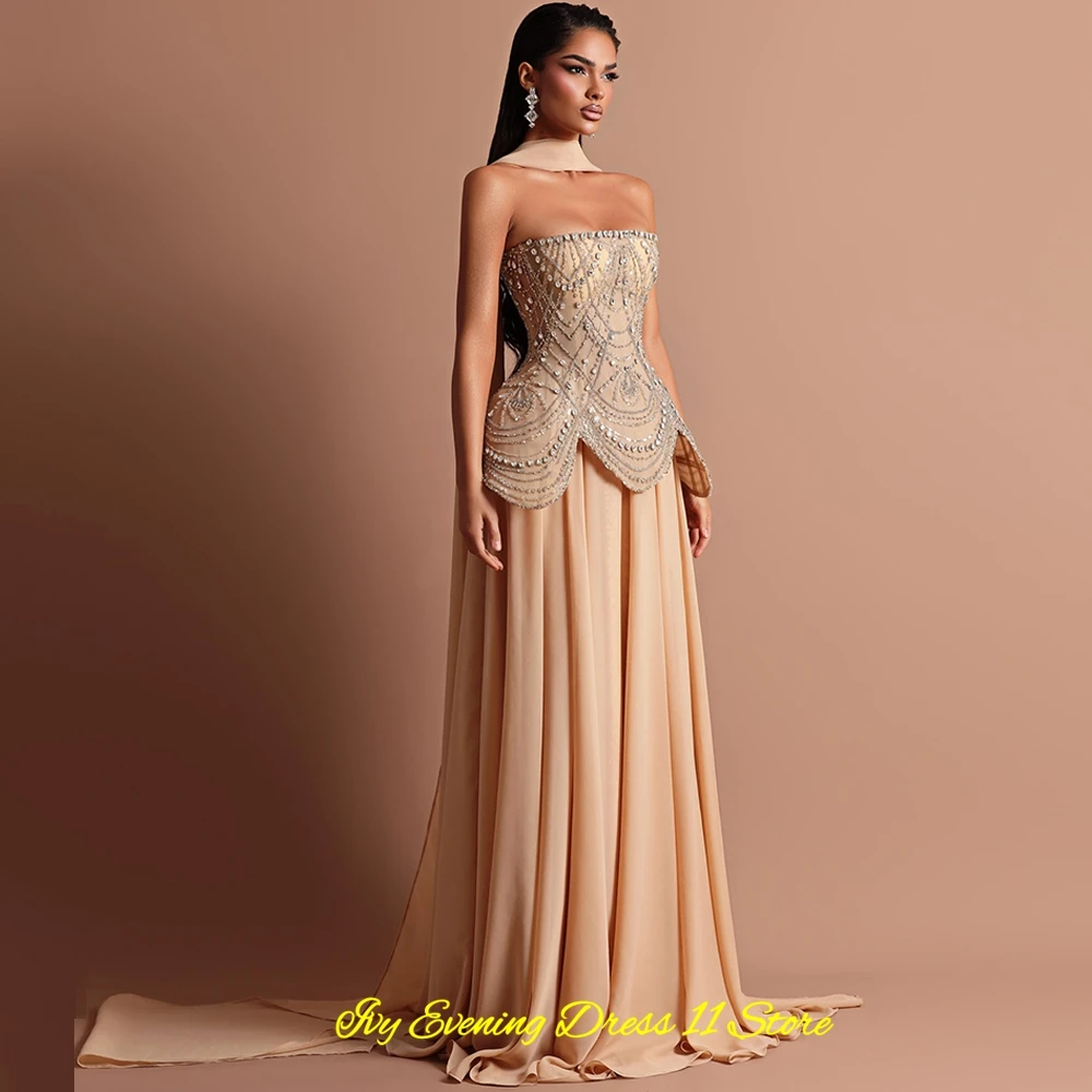 Customized Strapless Chiffon Evening Dress Formal Watteau Train Prom Gowns Exquisite Crystal Beading Celebrity Dresses