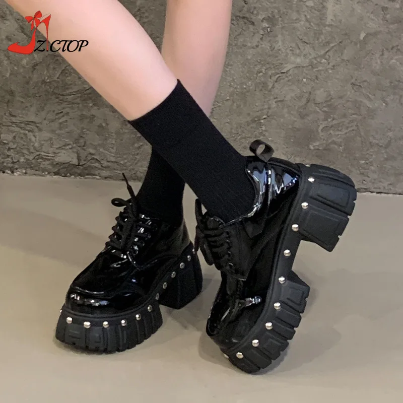 

Black Platform Pumps for Women Chunky Loafers Spring Autumn Lace Up Rivet Mary Jane High Heels Gothic Punk Shoes