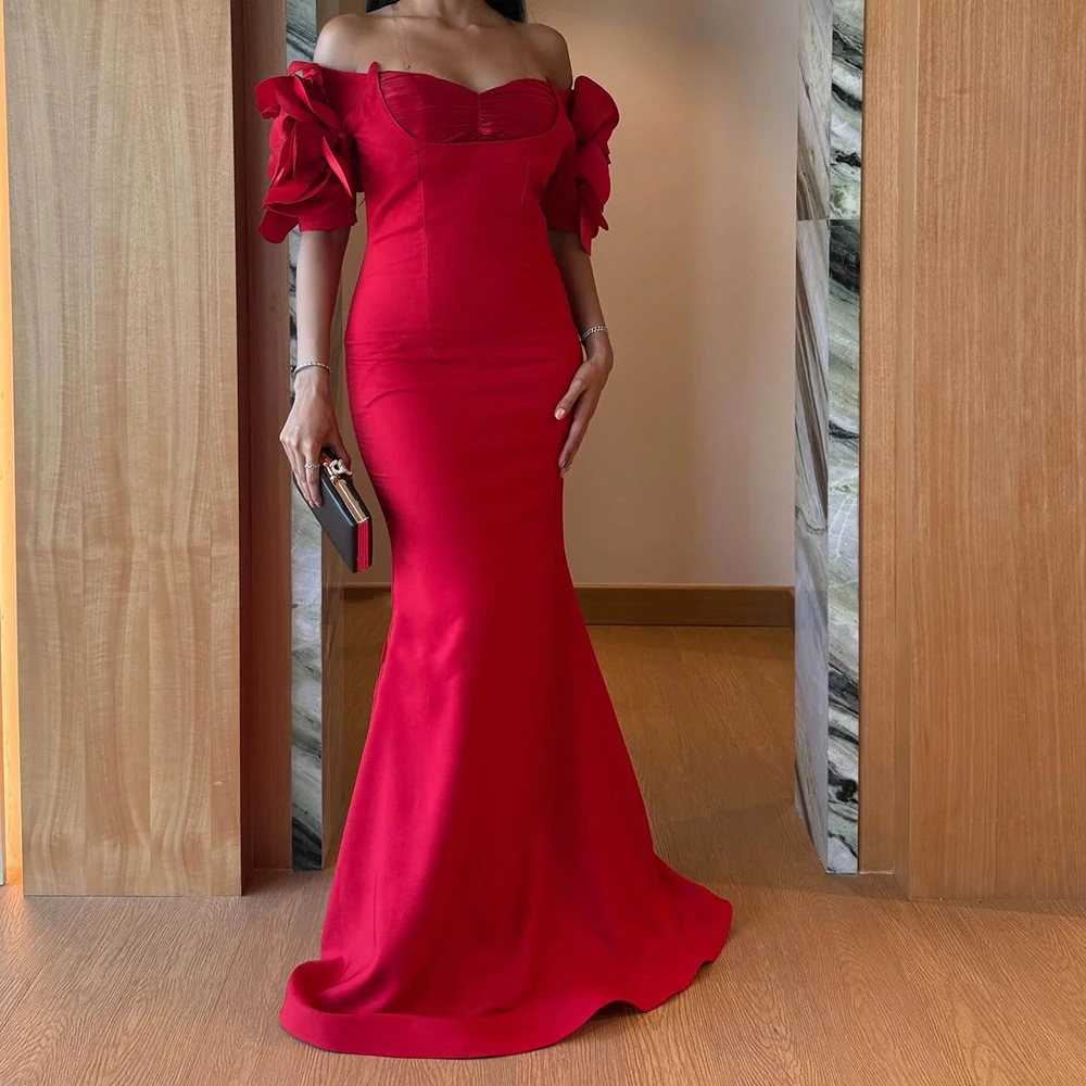 

Customized Mermaid Evening Dresses Floor-length Off The Shoulder Half Sleeve Prom Gown Fashion Pleat Simple Draped Party Gown