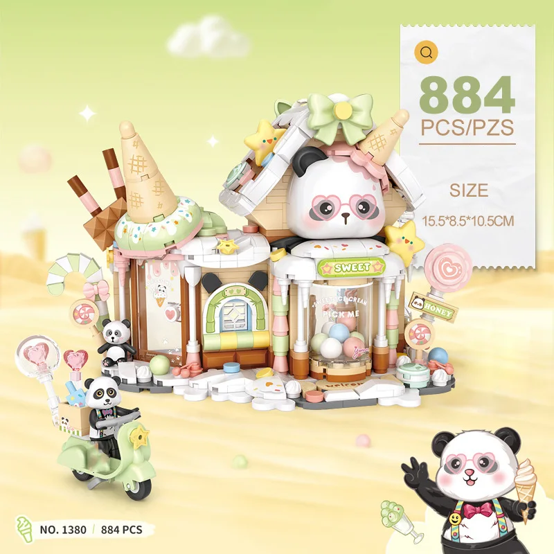 Idea City Street View Mini Block Chinese Panda Ice Cream Shop Streetscape Figures Construction Bricks Toys For Kids Gifts