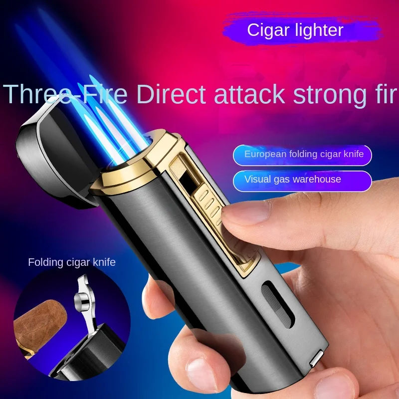 1 New Luxury Cigar Lighter Torch Metal Straight Jet Butane Lighter Smoking Accessories Cool Cigar Punch Men\'s Gifts