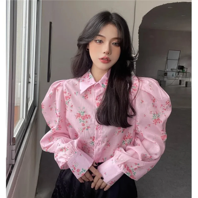 Sweet Floral Pink Short Shirt Tops Spring Autumn Long Sleeve Polo Neck Printing High Street Blouse Fashion Casual Women Clothing