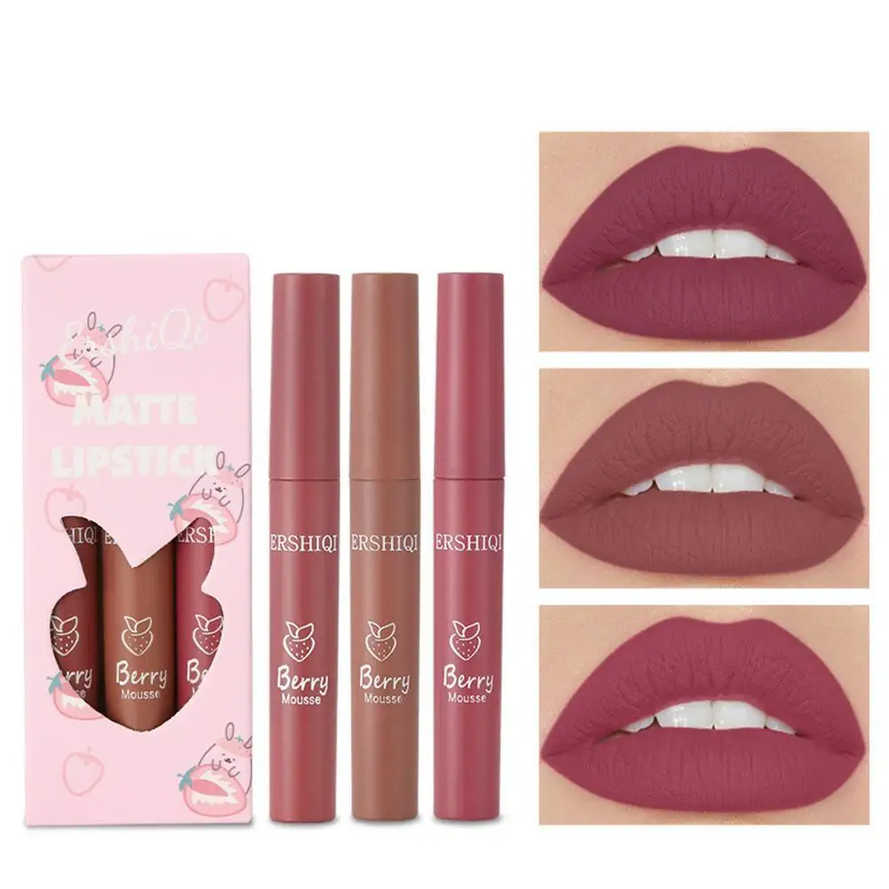 3pcs Strawberry Lip Glaze Set Velvet Matte Liquid Lipstick Lipstick Non stick Cup NEW