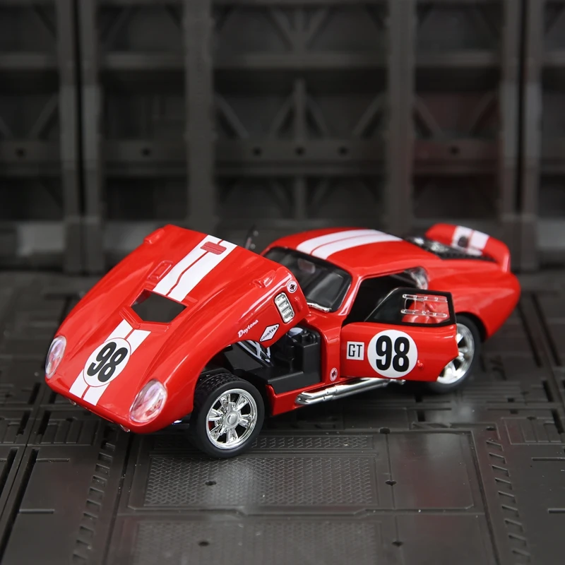 1:32 simulação Ford Shelby Cobra modelo de carro em liga metálica, portas e capô do motor, porta-malas pode ser aberto, ornamentos de supercar