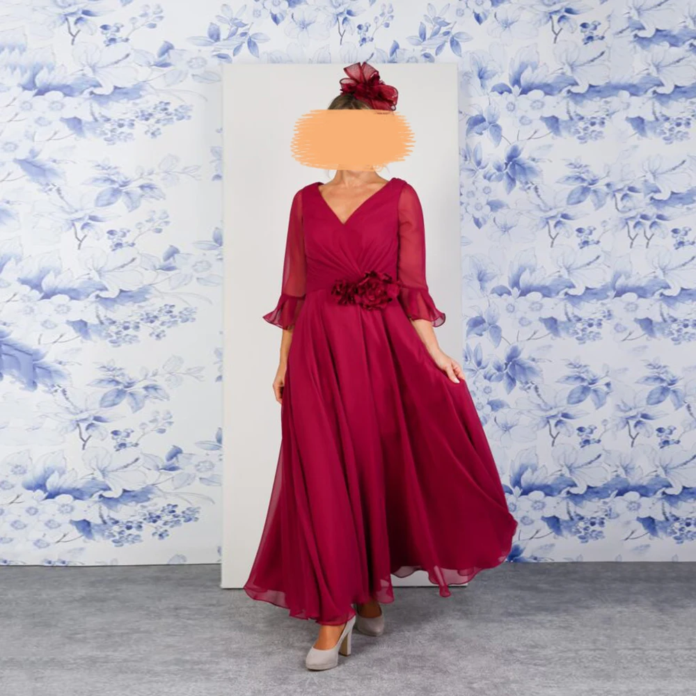 Customized Burgundy Mother Of The Bride Dresses V-Neck Three Quarter Sleeve A-Line Ankle-Length Wedding Guest Gown Simple Chiffo