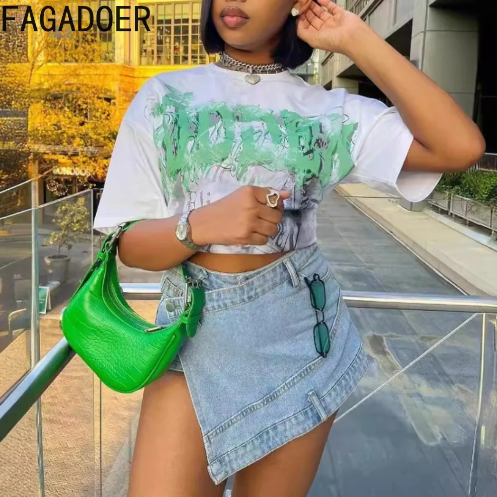 FAGADOER Light Blue Summer New Irregular Denim Skirts Women High Waisted Button Pocket Slim Skirts Female Solid Cowboy Bottoms