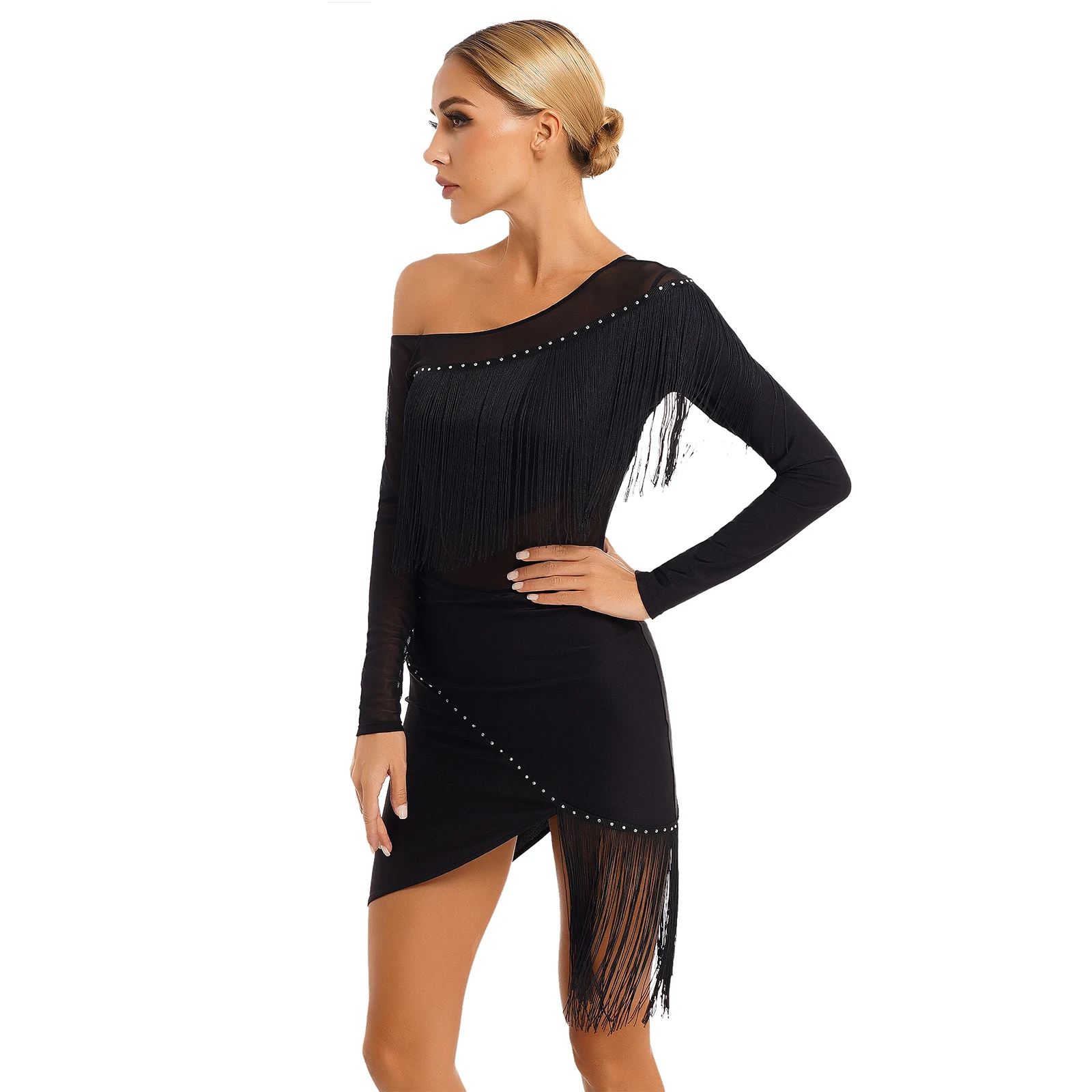 Womens Ballroom Latin Dance Costume Long Sleeve Split Fringed Tango Salsa Rumba Samba Cha Cha Dancing Dress Modern Dancewear