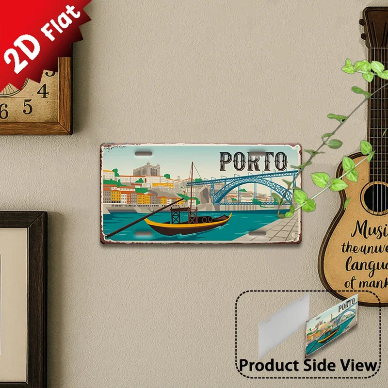 2D Flat,1pc Vintage Metal Sign,Decorative Only, Outdoor Plaque & Wall Decor Porto Bridge River View Aluminum Sign,Ideal for Home