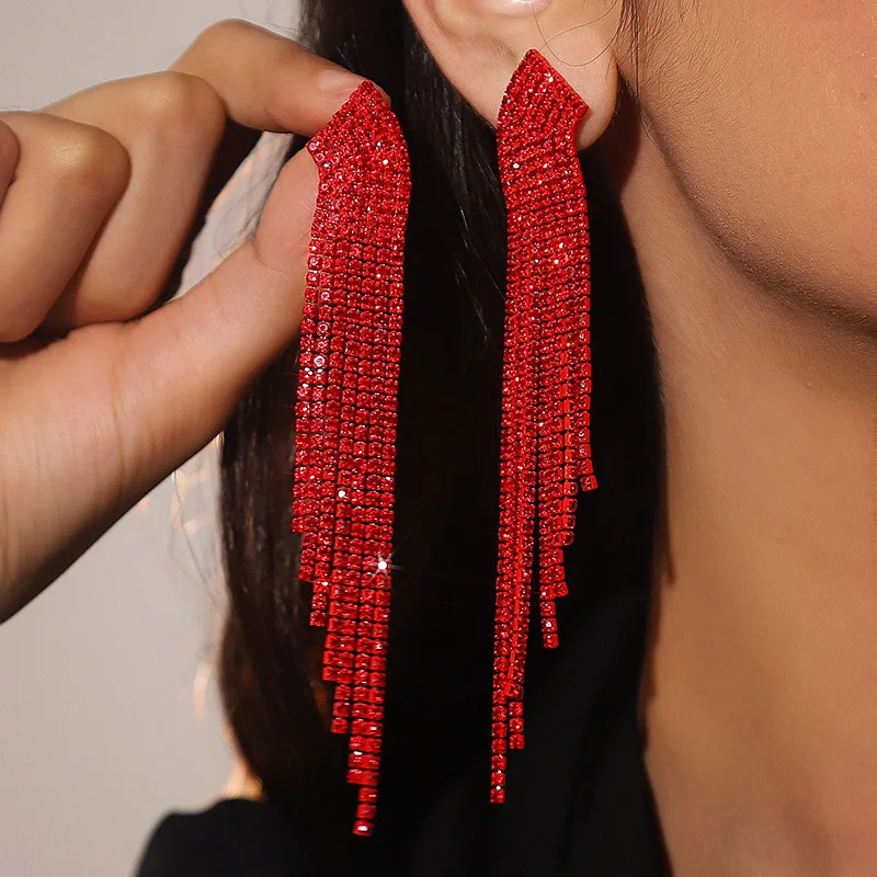 Fashion Red Prom Chandelier Earrings Long Tassel Earrings Jewelry For Women  Rhinestone Sparkling Dangling Wedding Ear Studs