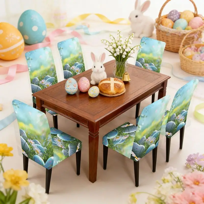 Easter 2D flat print dining chair set, spring grass, Easter egg white daisy pattern, elastic chair cover