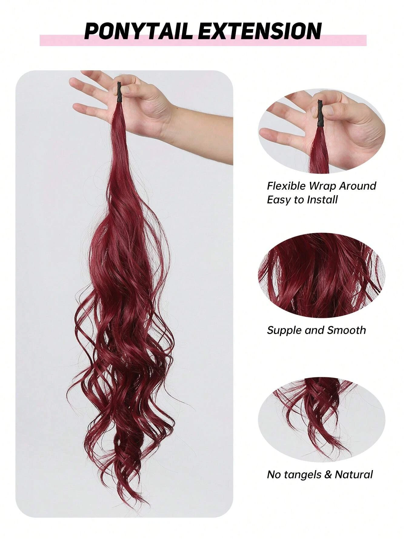 26 Inch Ponytail Extension Wine Red Long Curly Synthetic Hair Extensions Natural Wavy Red Warp Around Tail Women Daily Party Use