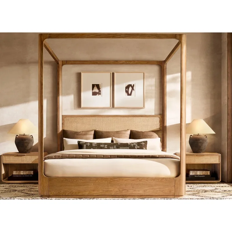 Luxury Modern Santiago Bedroom Furniture Frame Solid Oak Wood Cane King Size Canopy Beds