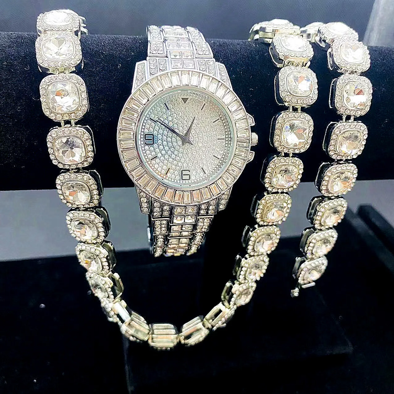 3pcs Hip Hop Iced Out Cuban Necklace Men 12MM Tennis Chain Jewelry Suit Silver Color Rhinestone CZ Watch for Men's Rapper Gifts