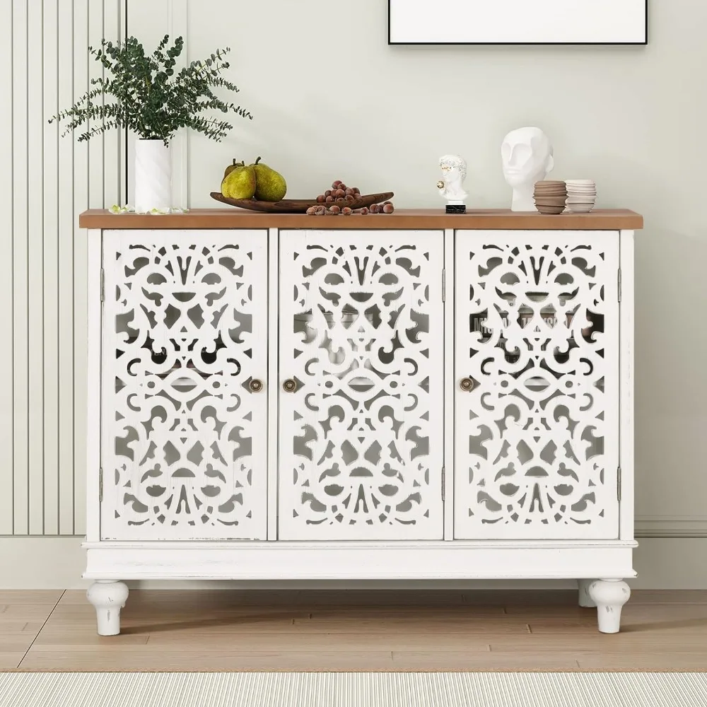 MFSTUDIO Accent Wood Storage Cabinet, Large Farmhouse Hollow-Carved Buffet Sideboard with 3 Doors Decorative Storage Cabinets Fo