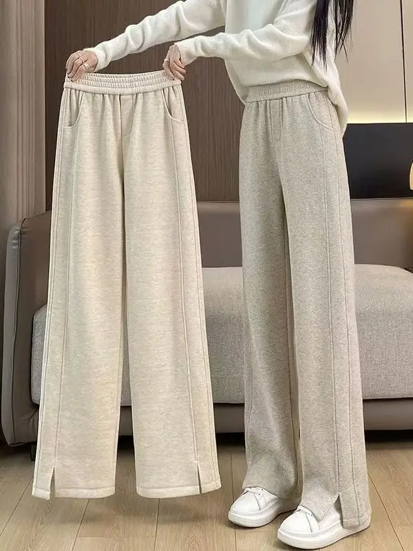 

Женские утепленные брюки прямого кроя больших размеров с флисовой подкладкой, осенне-зимние повседневные брюки с высокой талией и разрезами, с узором