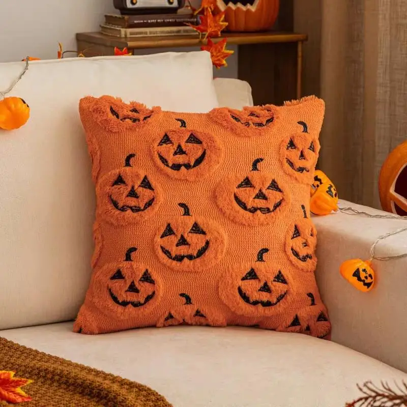 

Pumpkin Ghost Pillow Cover Halloween Fun Plush Pillowcase Washable Square Orange Pumpkin Lantern Pillow Protective Covers