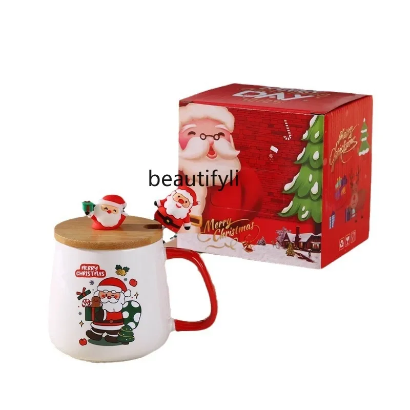 Cute Christmas Gift Mug with Lid Spoon High Value Santa Elk Ceramic Cup Souvenir