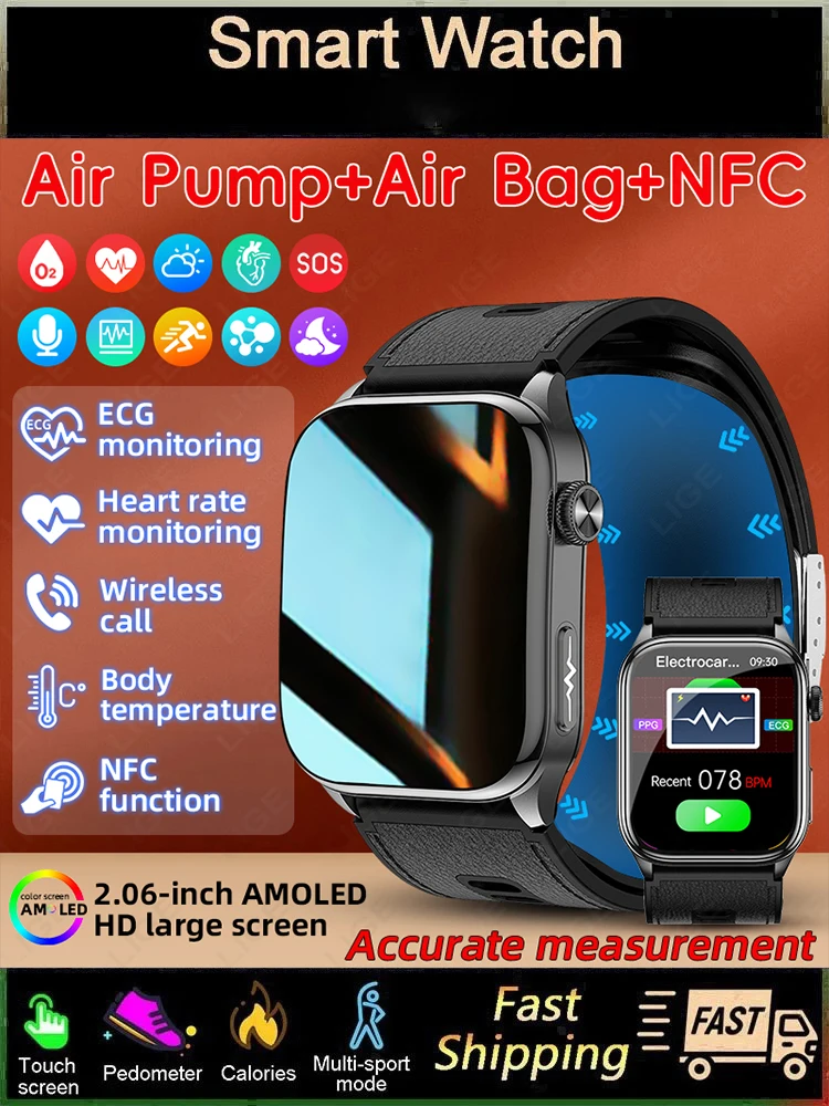 Montre connectée LIGE avec écran AMOLED de 2,06 pouces, surveillance de la santé, ECG, pompe à air, airbag, mesure précise de la pression artérielle, pour hommes et femmes, nouveauté 2026