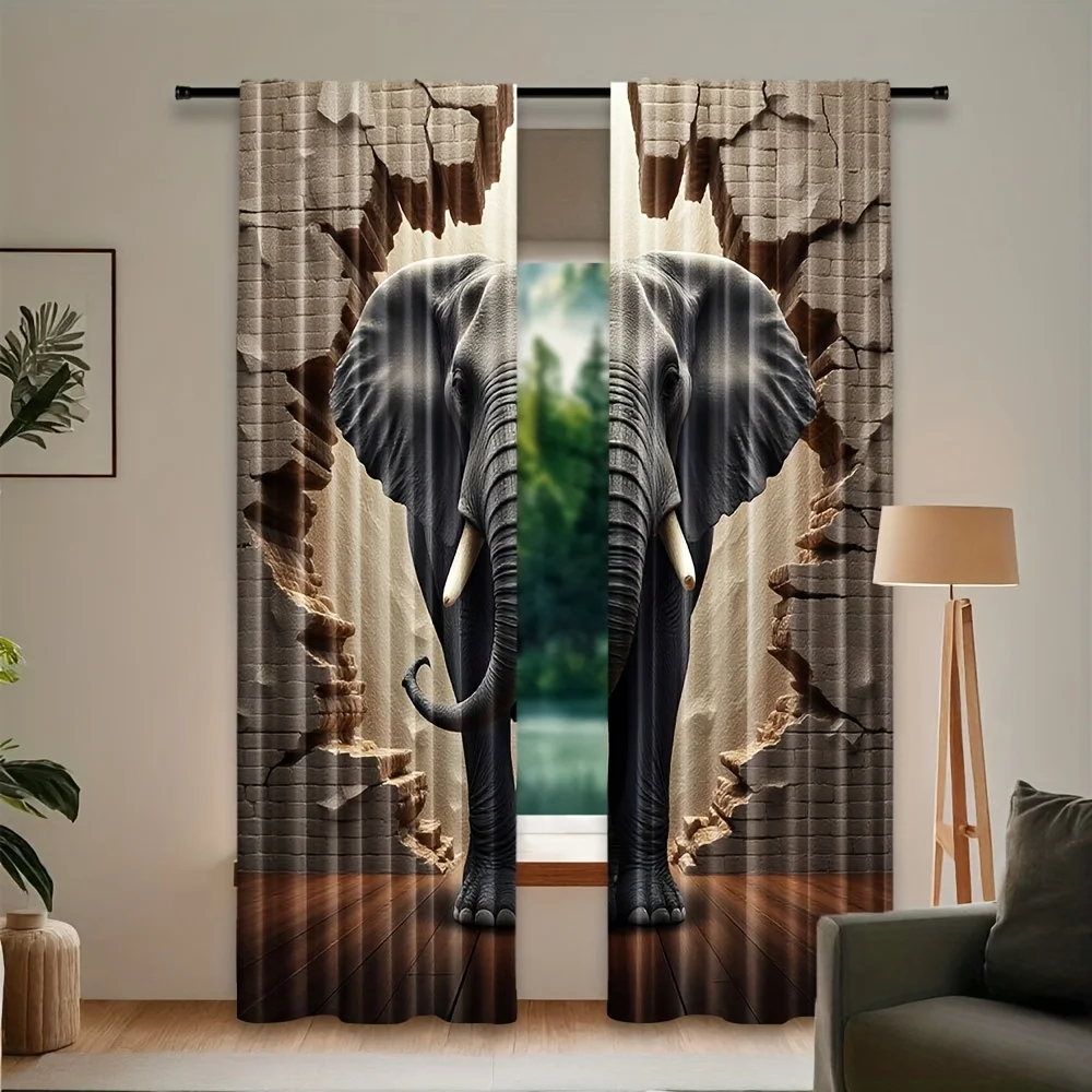 2pcs Elephant Curtains 3D Broken Wall Effect Window Drapes Safari Animal Living Room Decor Realistic Visual Illusion