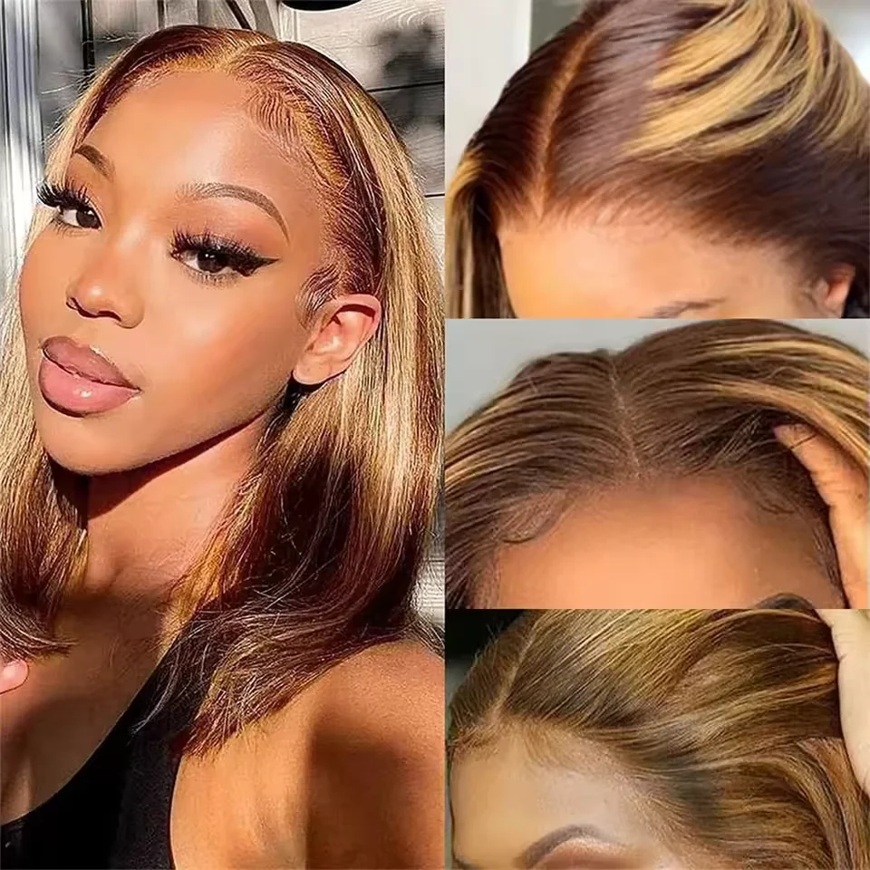 Straight Short Bob Wig Highlight 4/27 13x4 Lace Frontal Human Hair Bob Wigs Brown Blonde Transparent Lace Front Human Hair Wig image 3