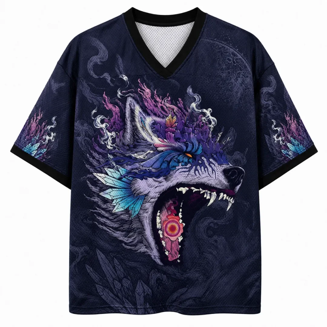 Fantasy Crystal Wolf Roaring Head Pattern Full Screen Printed Mysterious Deep Purple Magic Creature Smoke Wave Style T-shirt