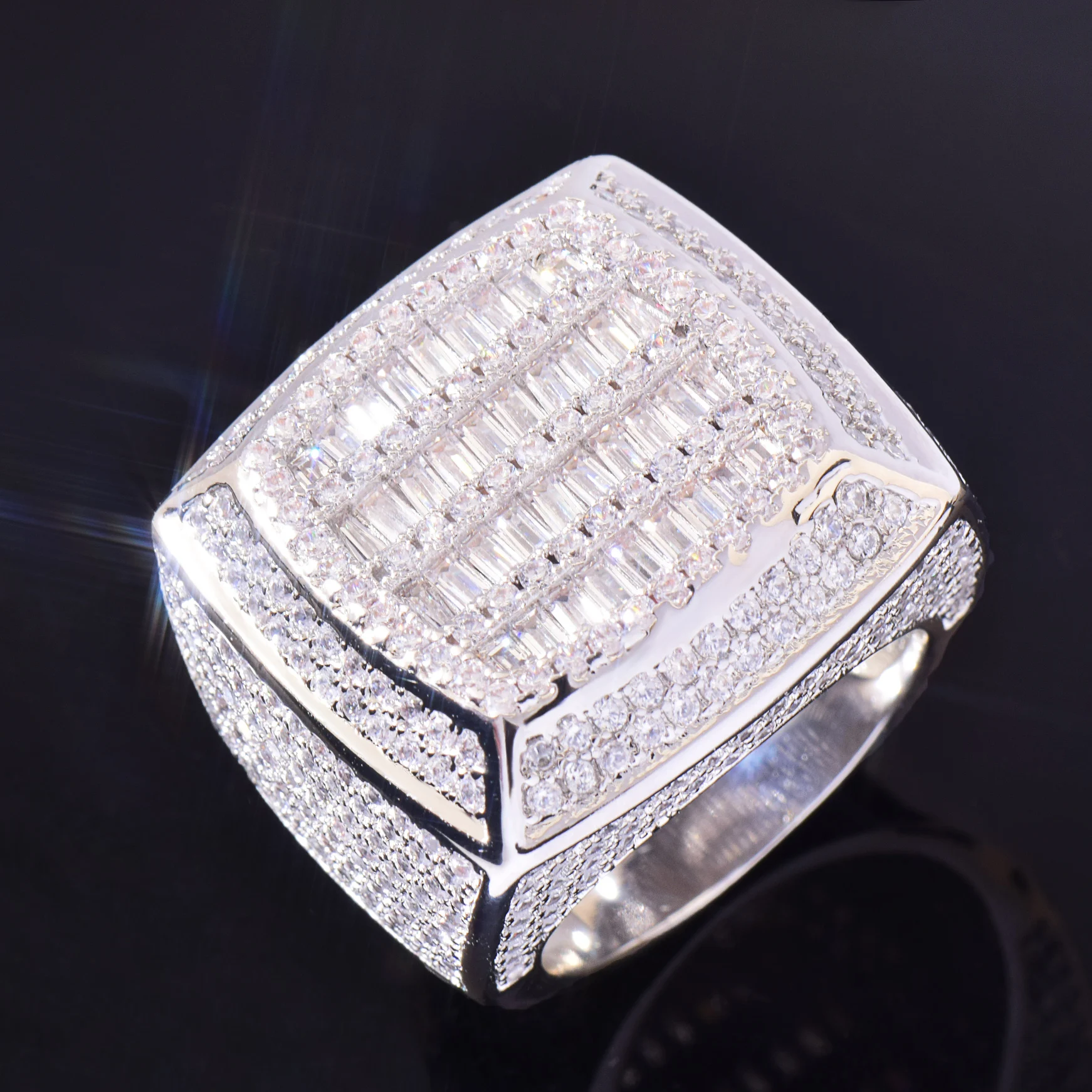 CUC Baguette Cut Square Iced Out Men Ring AAAA Fully Iced Zircon Fashion Rock Rings Gold Silver Color Copper Jewelry