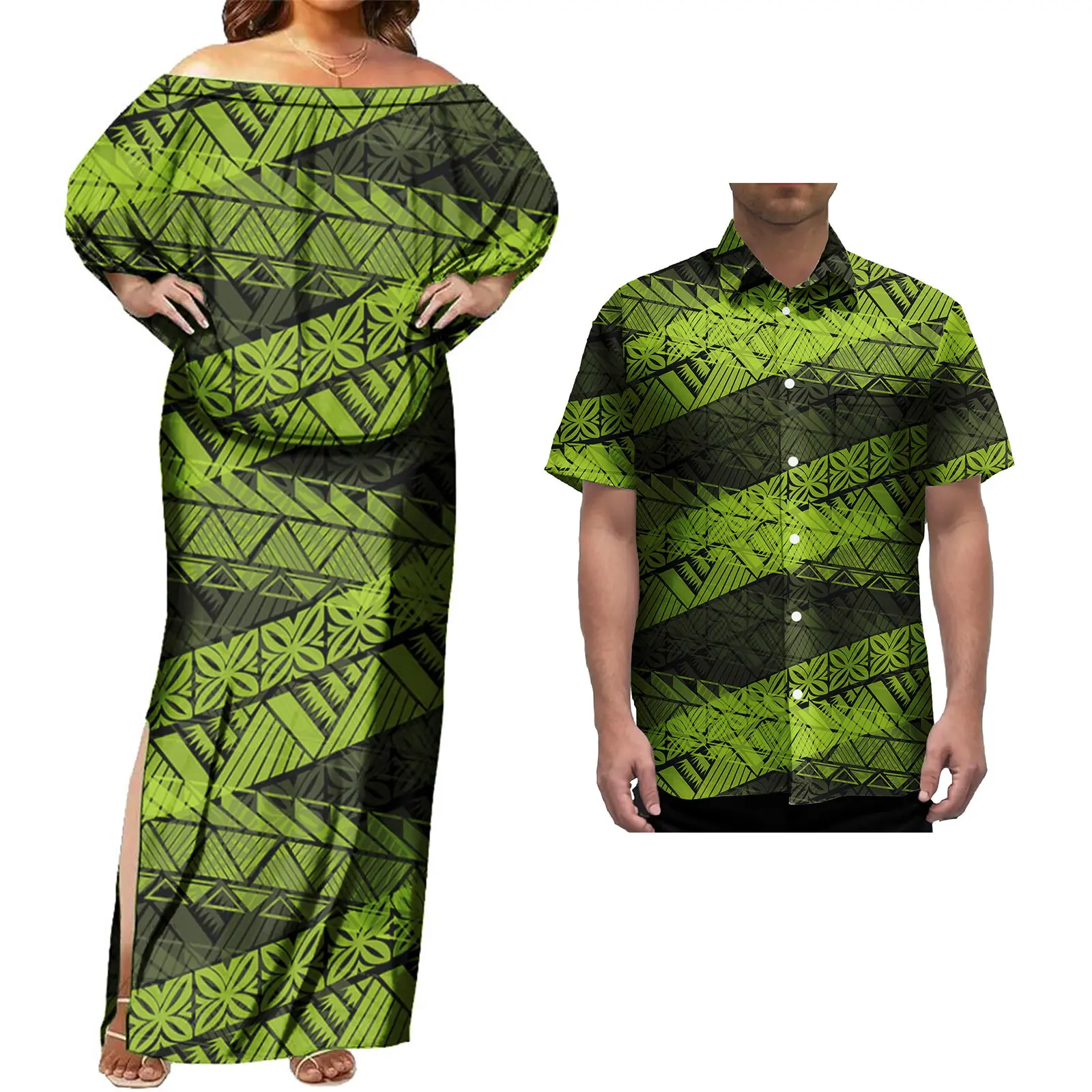 Vintage paar set Polynesische dames eiland stijl Puletasi jurk en Hawaiiaanse heren shirt paren bijpassende outfits