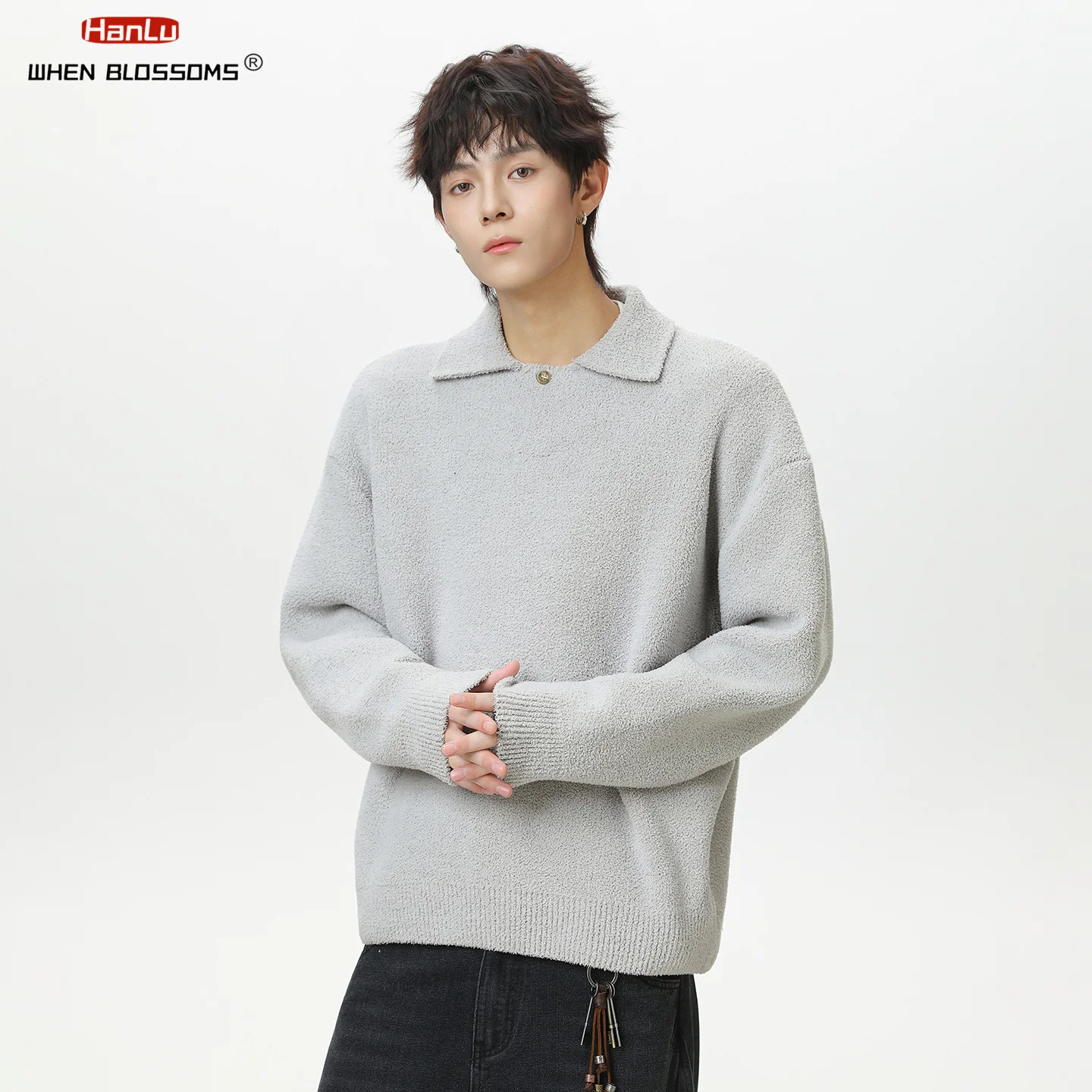 Hanlu 2025 Men's Vintage Half-Pile Sweater Seagull Collar Heavyweight Warm Knitwear Retro Business Casual Pullover