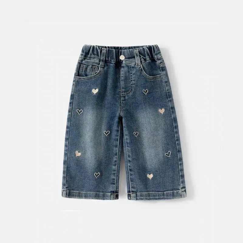 

2026 Four Seasons New Versatile Children's Elastic Waist Love Embroidered Straight Tube Loose Jeans