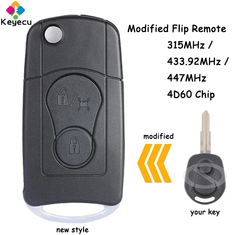 KEYECU Modified Flip Remote Car Key With 2 Buttons 315MHz / 433.92MHz / 447MHz 4D60 Chip Fob for Ssangyong Actyon Kyron Rexton