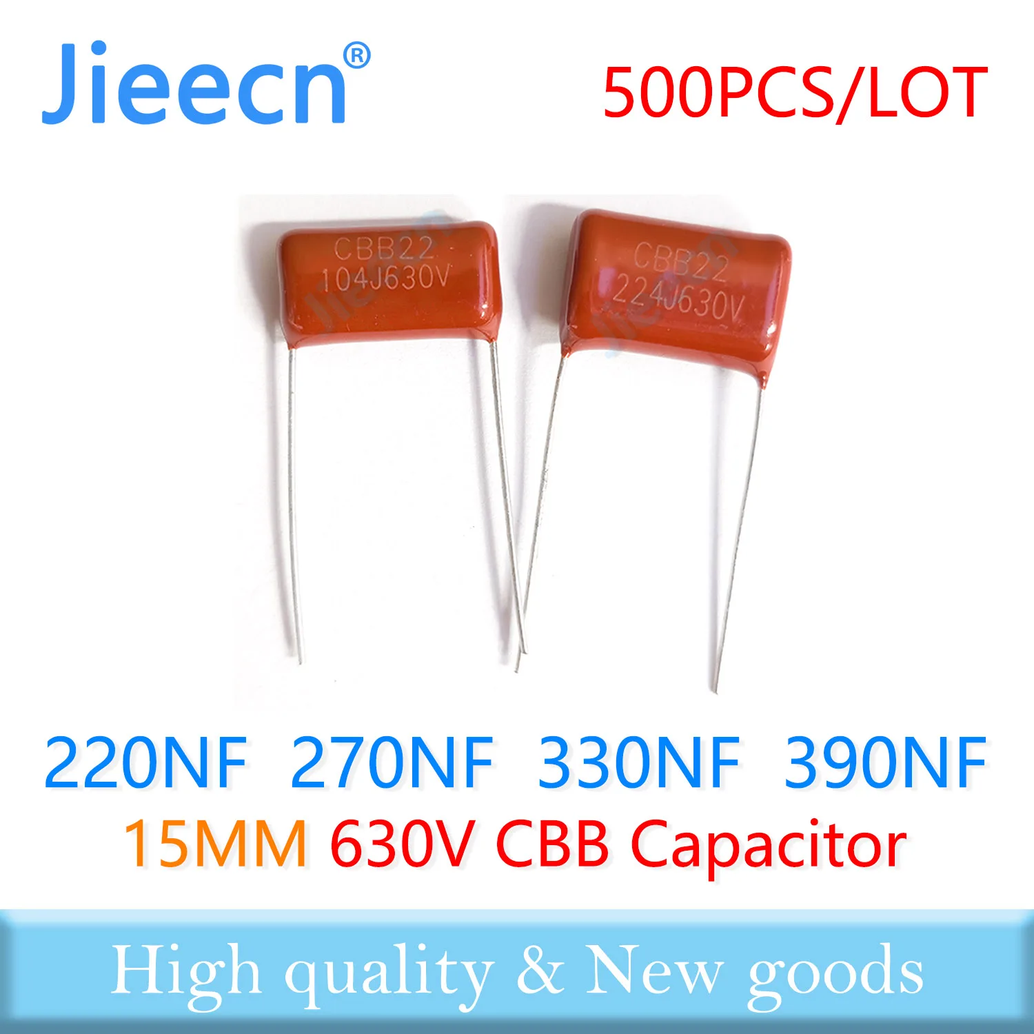 Jieecn 500PCS 630V 15MM 220NF 270NF 330NF 390NF 224J 274J 334J 394J CBB Polypropylene Film Capacitor High Quality