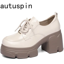 AUTUSPIN 8cm nowa kobiece pantofle na platformie moda dojrzała prawdziwa skóra damska grube szpilki wiosna lato wiązane buty kobieta