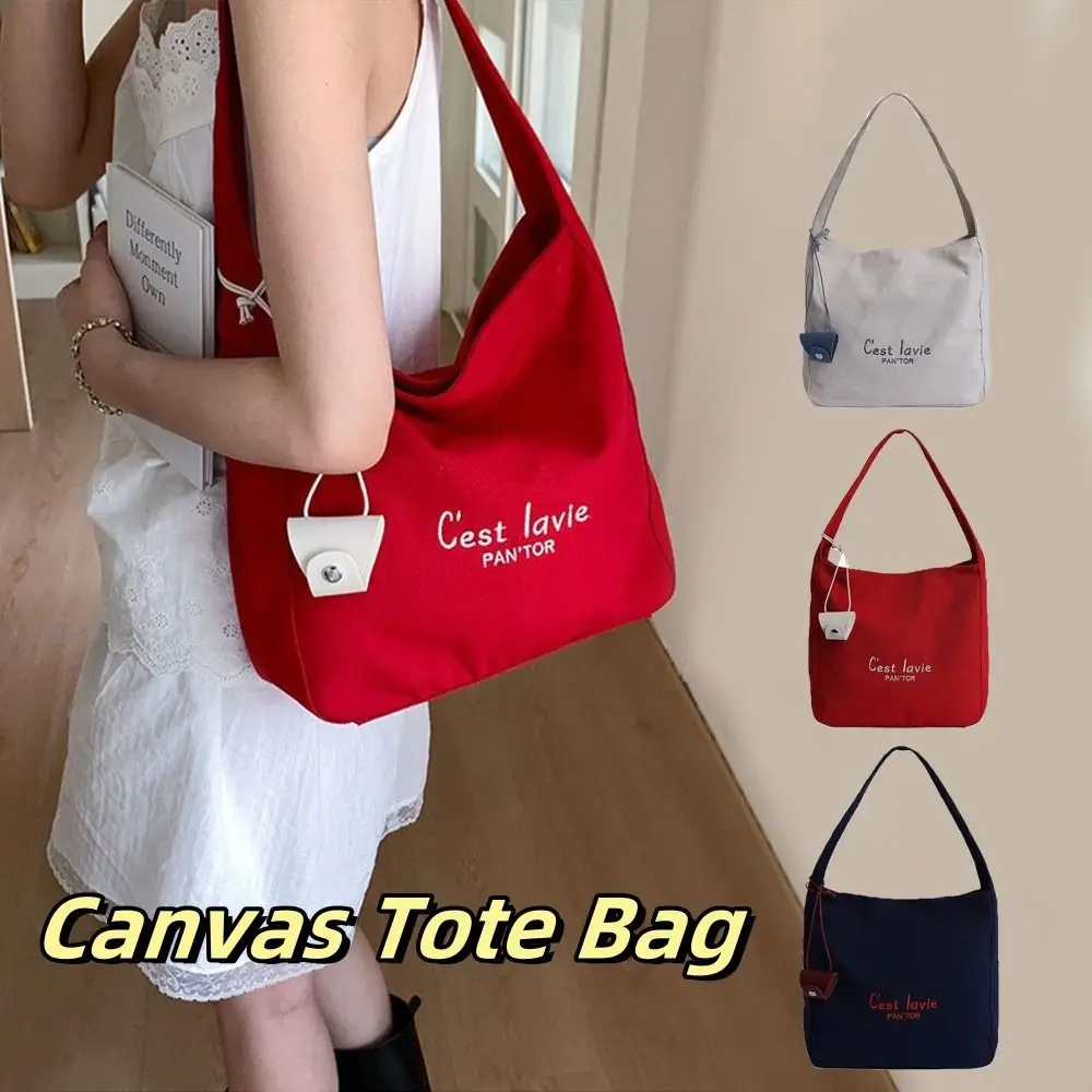 

Simple Korean Letter Shoulder Bag Versatile Canvas Student Tote Bag Casual Large Capacity Women's Armpit Bag Girls