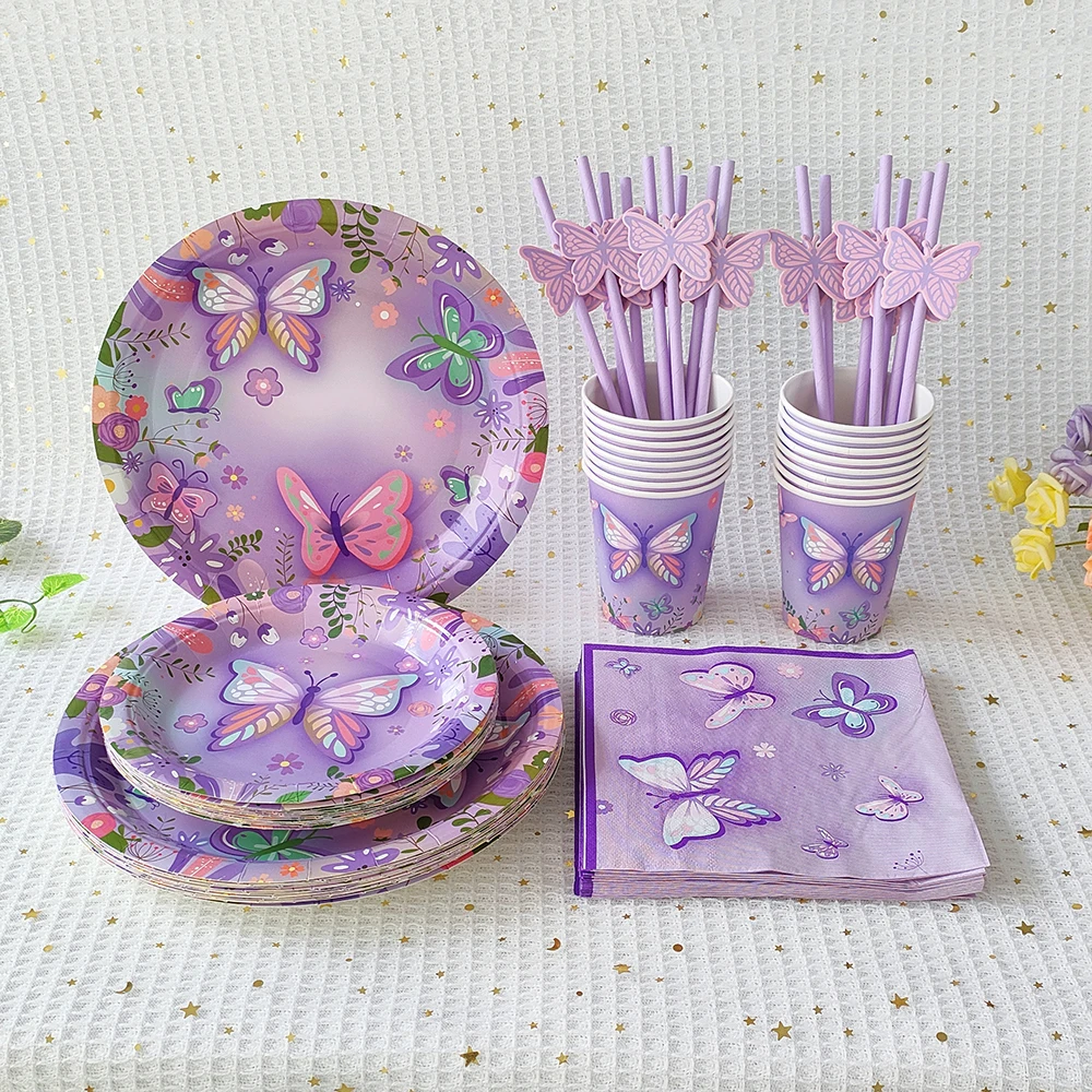 80pcs Purple Butterfly Disposable Tableware Set Paper Plate Napkin Cup For Kids Girl Baby Shower Wedding Birthday Party Decor