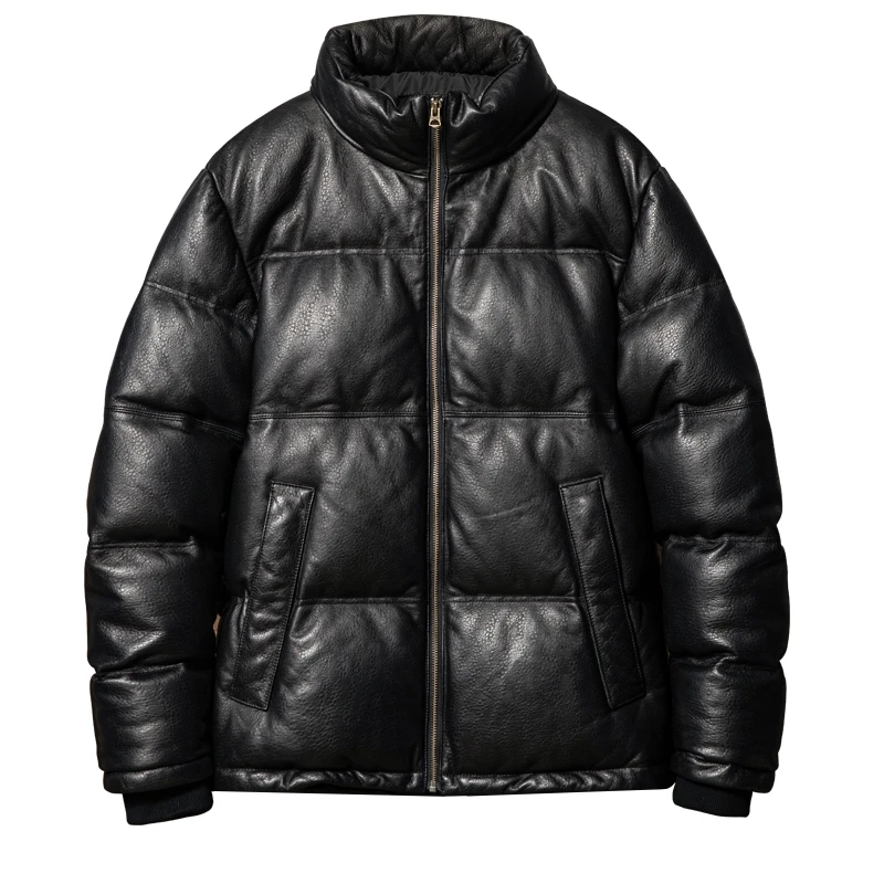 Black Winter Leather Down Jacket Men Casual Style Plus Size 5XL Natural Thick Sheepskin Warm Genuine Leather Coat