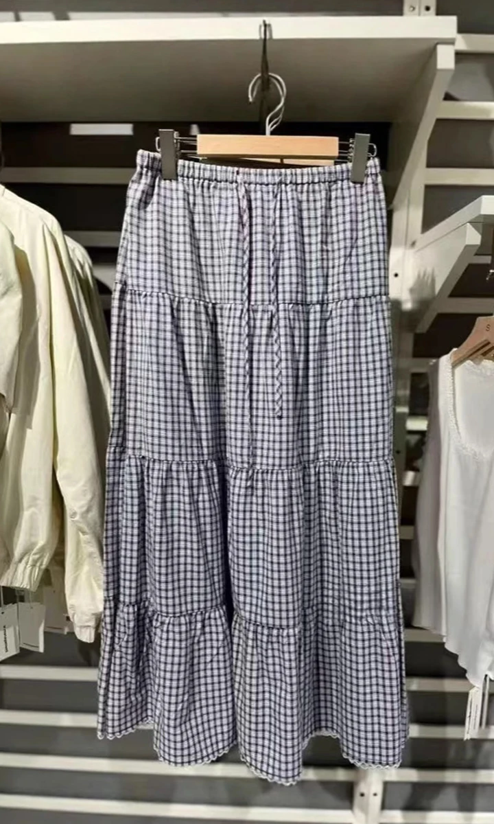 

Drawstring Navy Plaid Maxi Skirt Women Summer High Waist Cotton Casual A-line Faldas Preppy Style Vintage Sweet Long Skirts New