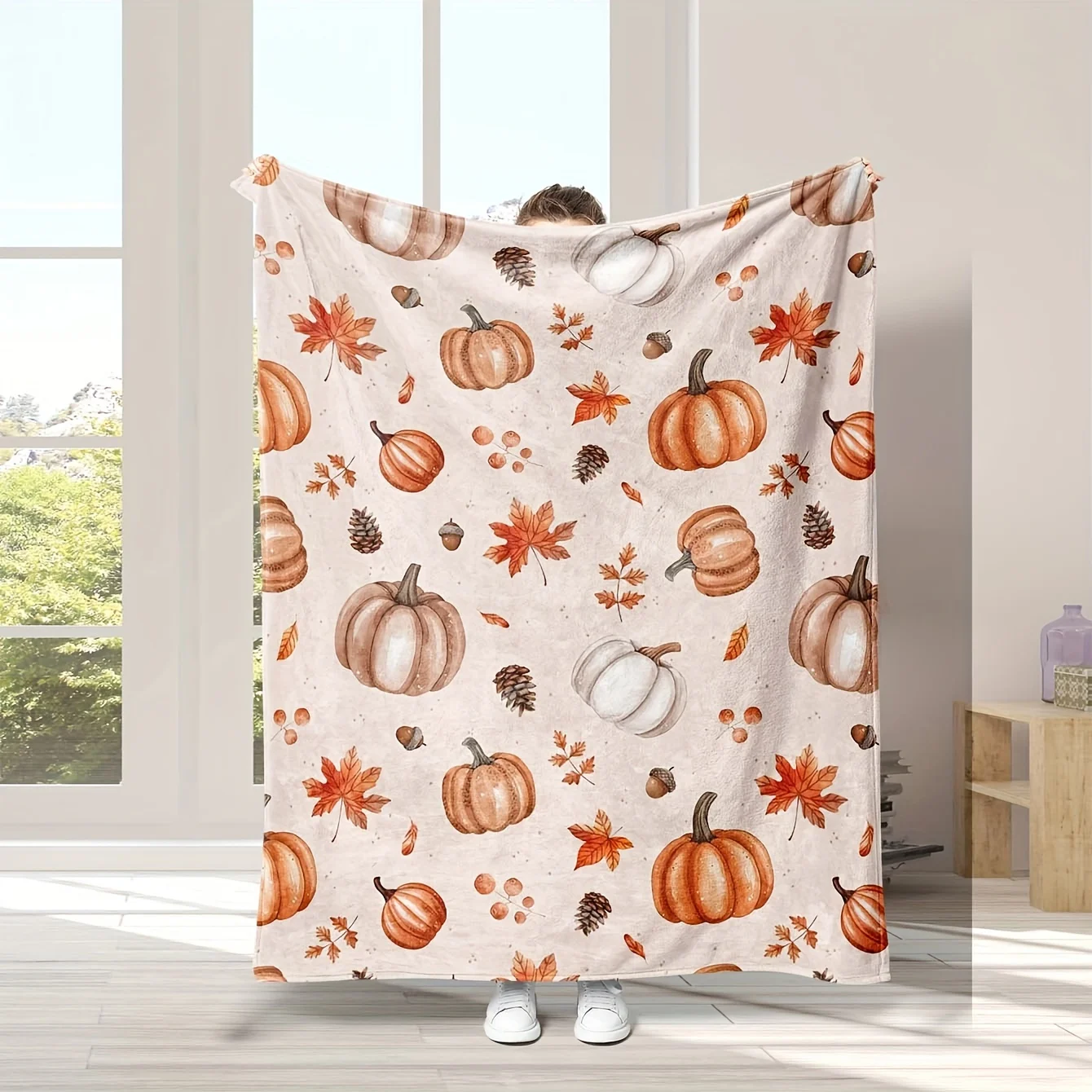 1pc Digital Print Autumn Theme Element Pumpkin Spice Maple Leaf Blanket, Ultra-Soft Warm Comfortable Flannel Plush Throw for Sof