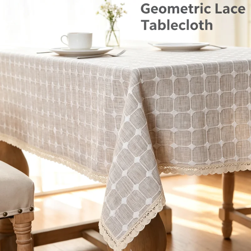 Rectangular Tablecloth Beige Grid Pattern Lace Edge Table Cover for Dining Kitchen Home Decor Wedding Party Decoration